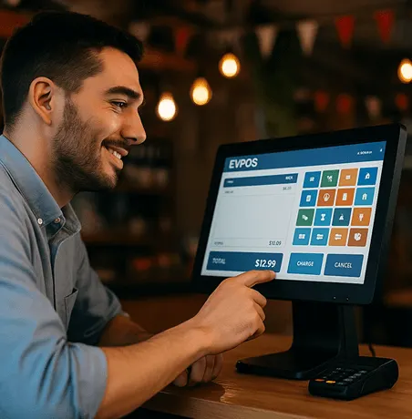 Vendedor usando el punto de venta EVPOS en una pantalla táctil